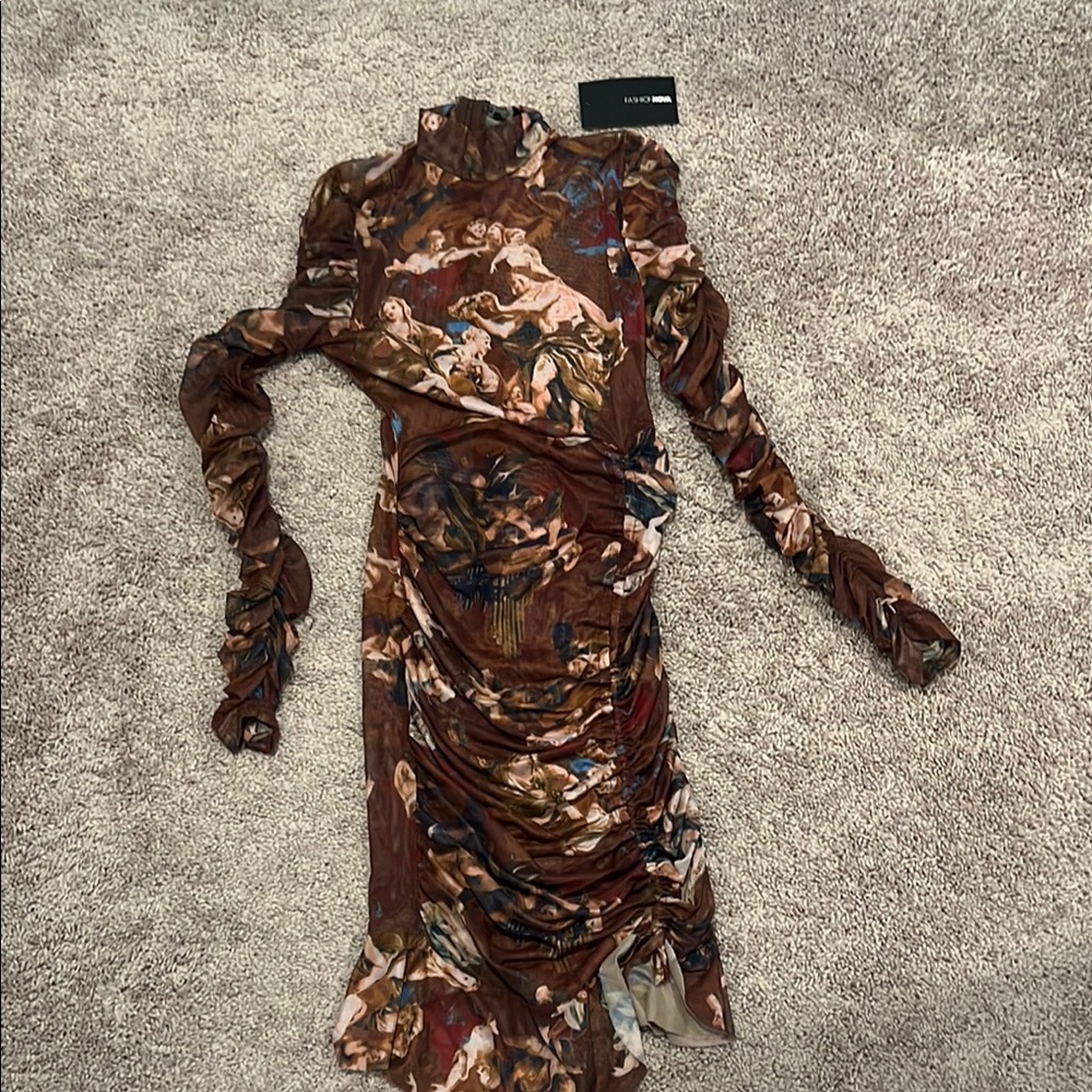 Fashion Nova Brown Bodycon Dress with Bishop Sleeves